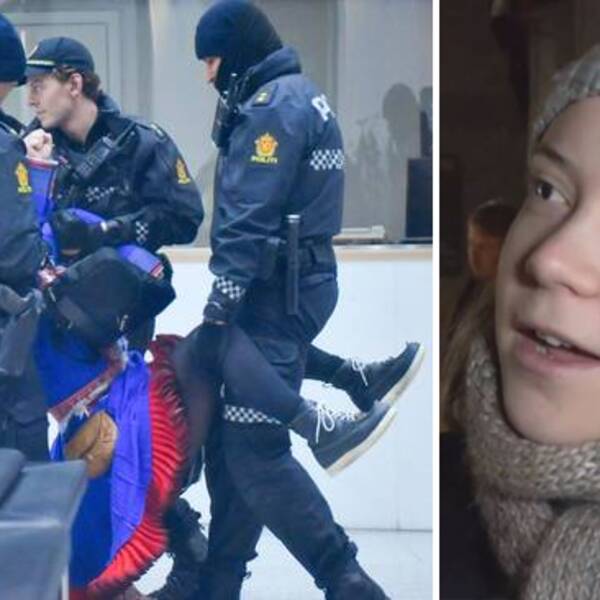 Här bär poliserna ut en av de tretton aktivisterna som ockuperat Olje- och energidepartementet i Oslo. Greta Thunberg var på plats och stöttade aktivisterna utanför.