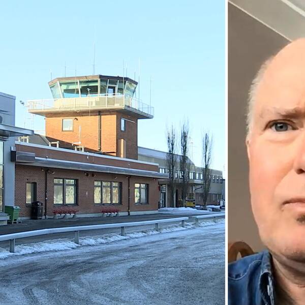 Delad bild. Till vänster ett teglat flygtorn. Till höger en porträttbild på flygsäkerhetskommitténs ordförande Tomas Gustafsson, som är sammanbiten när han kritiserar att Umeå flygplats ska flygledas på distans.