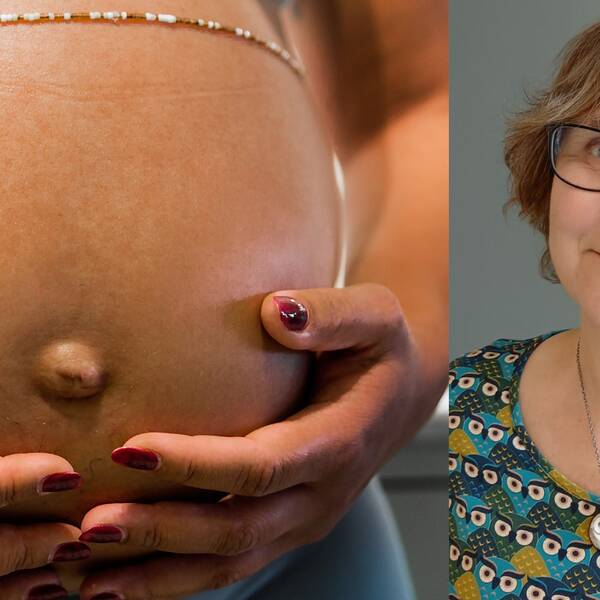Bild på en gravidmage och Lena Lundkvist, demograf på SCB.