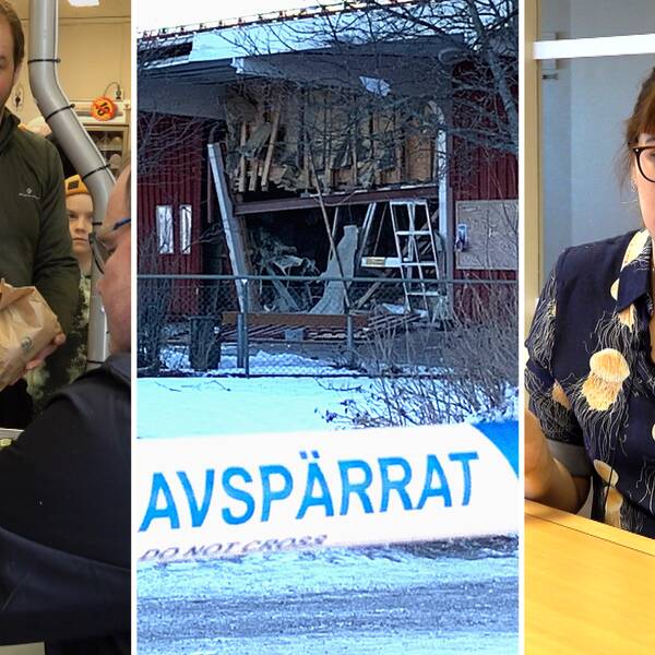 en man vid en kassa i en matbutik, en explosion vid Tjärna Ängar – vid en mataffär och en kvinna i mönstrad blus och glasöong brunt hår.