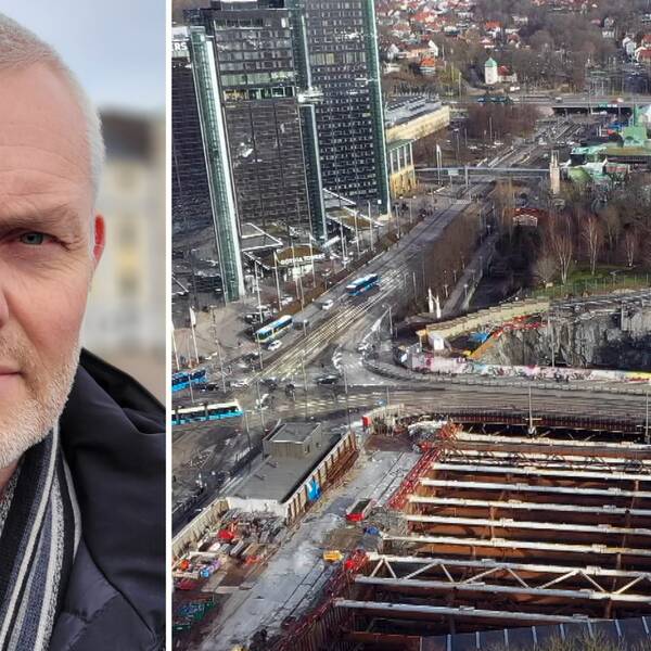 Jonas Attenius till vänster i bild. Till höger en drönarbild på Hagaområdet, Västlänken.