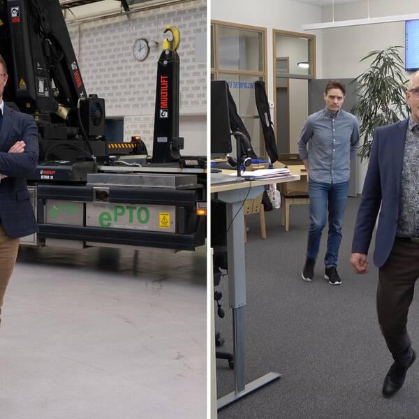 Två chefer från Hiab och Monitor poserar i en splitbild, båda med marinblå kavaj.