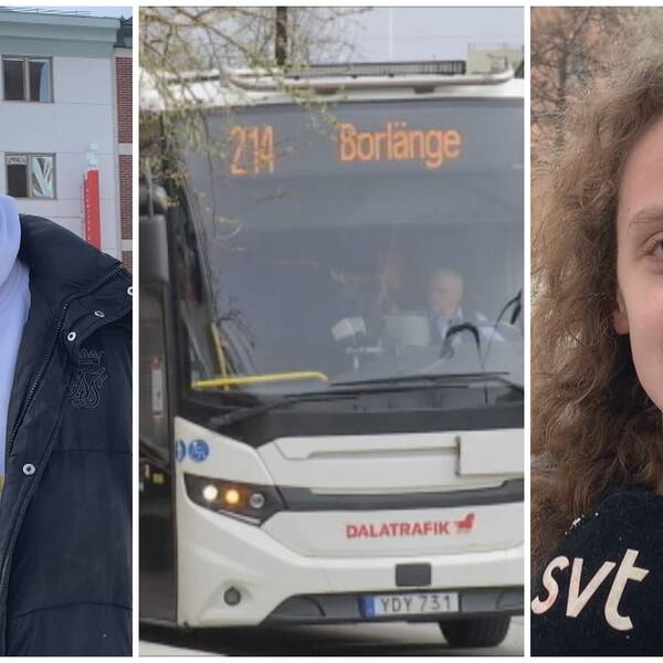 två ungdomar som intervjuas, med en buss i mitten