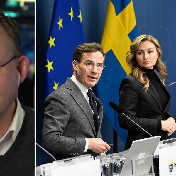 Bild på Henrik Ekengren Oscarsson. Bild på försvarsminister Pål Jonson, statsminister Ulf Kristersson, energi- och näringsminister Ebba Busch, samt arbetsmarknads- och integrationsminister Johan Pehrson under en pressträff.