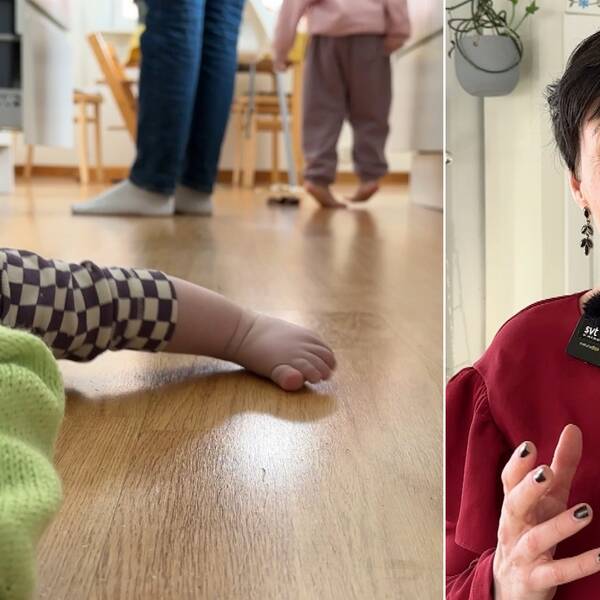 En bebis på golvet och psykologen Sandra Lindström.