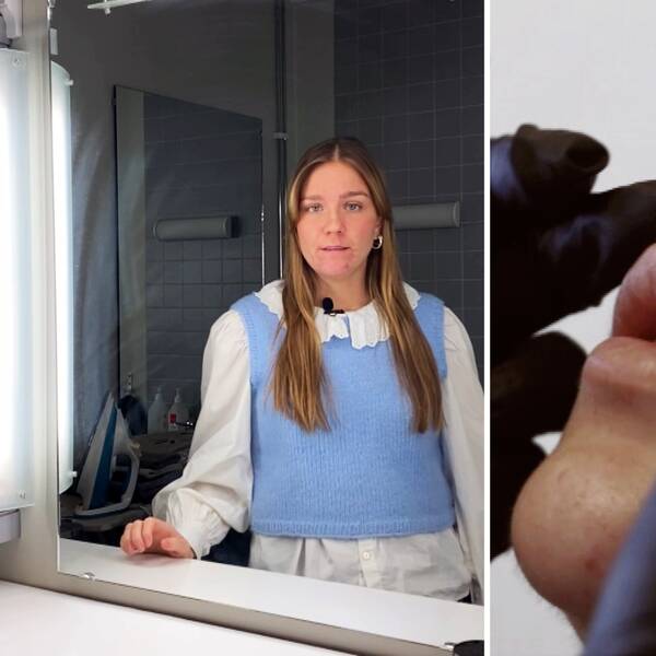 en reporter vid en spegel och en skönhetsbehandling -. inzoom på läppar.