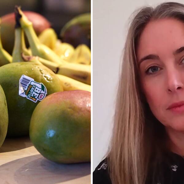 Till vänster: genrebild på frukt. Till höger: Elin Ramfalk på Cancerfonden, kvinna med långt gråsilverfärgat hår.