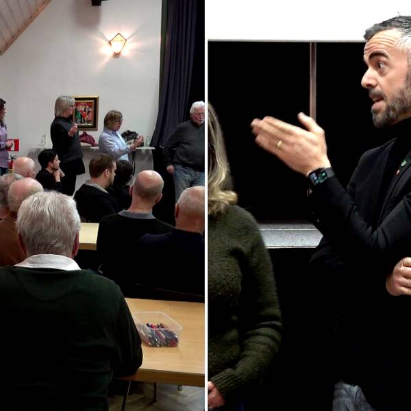 Tvådelad bild: Ett sammanträde med kommuninvånare och Tranemo kommun, samt ordförande i Tranemos kommunstyrelse, socialdemokraten Driton Bialli, som under mötet samtalar livligt.