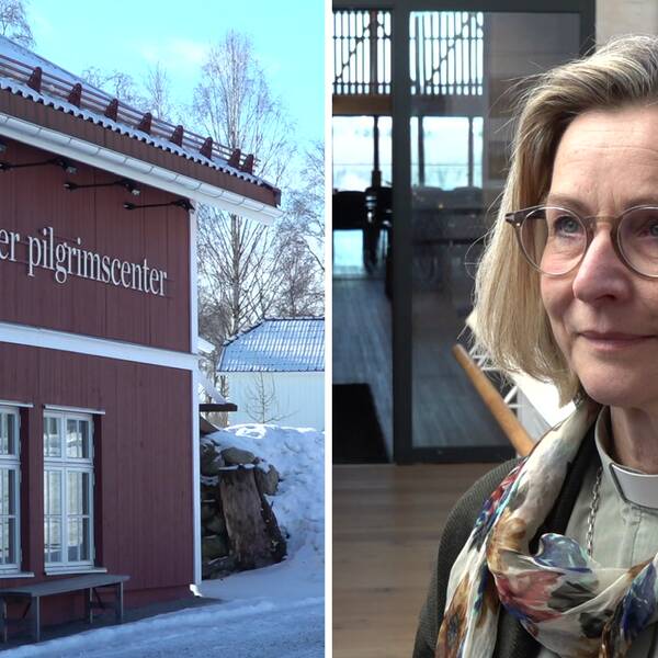 Bilden är ett montage, till vänster i bild syns fasaden på Selånger Pilgrimscenter och till höger syns Helene Westerlind, chef på Selånger pilgrimscenter.