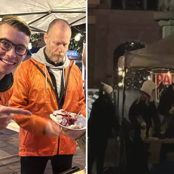 Bilden är delad i två bilder. Den vänstra bilden är en bild på Alberth Andersson, grundare av Pannkakskyrkan i Eskilstuna. Han tittar in i kameran och ler samtidigt som han pekar på en papptallrik med pankaka, grädde och sylt. Den högra bilden är en bild på ett vitt partytält. Under täktet står fyra personer och gräddar pannkakor. I bakgrunder ser man en skylt där det står Pannkakskyrkan.