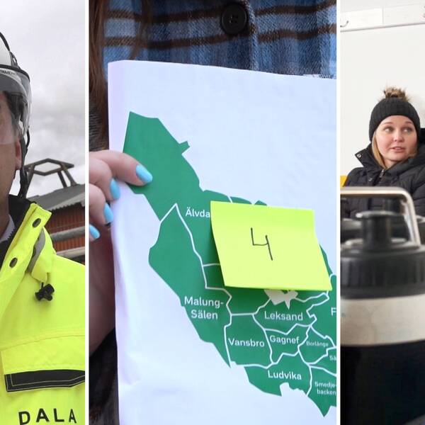 en man i bygghjälm, en karta på Dalarna med en postit lapp, och två tjejer, i förgrunden: vattenflaskor.