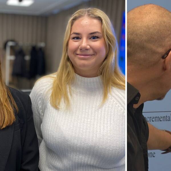 Tvådelad bild: Universitetsstudenterna Emma Werkmästar och Malin Friberg och en undervisning med en man som pekar på siffror på en tavla.