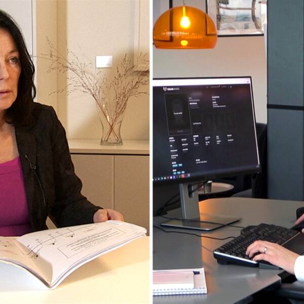 En kvinna (åklagare Barbro Brännlund) tittar upp från sina papper som hon har framför sig på ett bord, delad bild med svt:s reporter Amanda Gustafsson som sitter framför en dator, på skärmen syns en sugardejtning-sajt