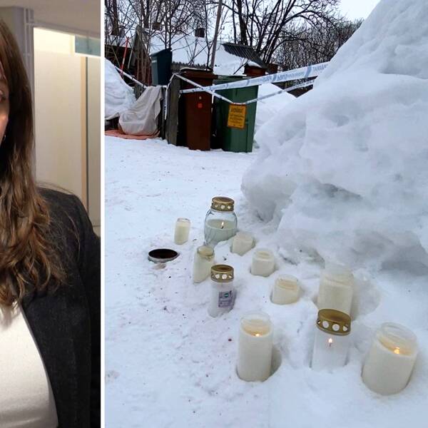 I bilden ser man ljus som tänts utanför bostaden. Avspärrningarna framför infarten och ett kattboende som byggts upp på andra sidan infarten. Dessutom åklagare Åsa Valter till vänster.