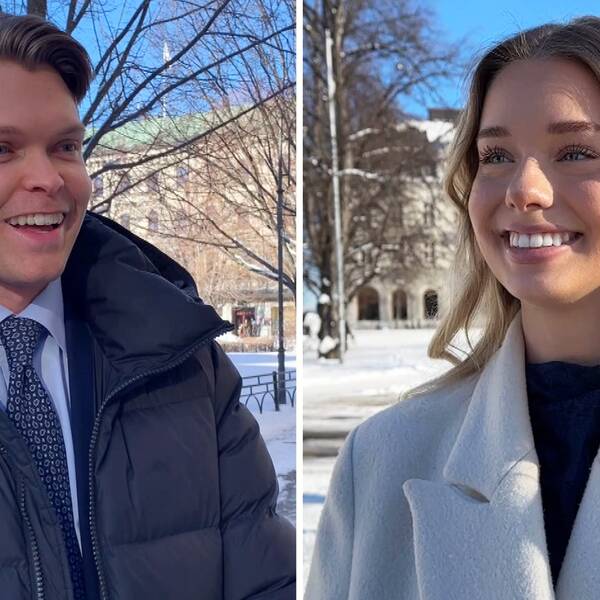 Till vänster en leende kille med slips. Till höger en leende tjej med lockigt blont hår