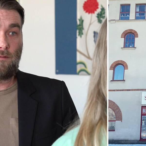 Tvådelad bild: Dennis Holmberg, förhandlade på Hyresgästföreningen, och Hyresgästföreningens kontor med en skylt på en byggnad.