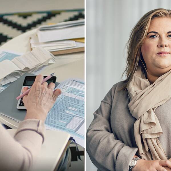 Bilden föreställer en kvinna som räknar på sina lån och ytterligare en porträttbild av en kvninnlig bankexpert.