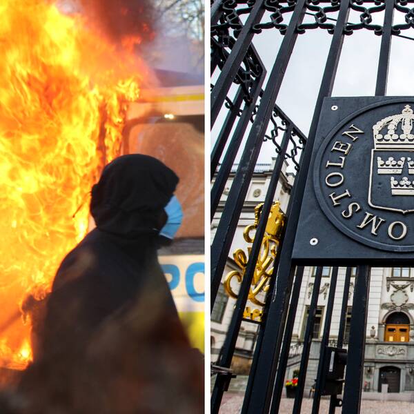 Tvådelad bild: Ett upplopp med en polisbil och en brand samt grindarna till Högsta domstolen.