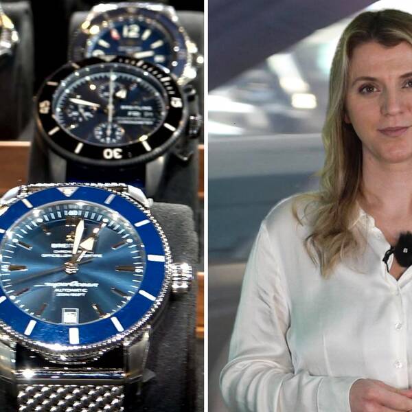 Närbild på armbandsur och en halvkroppsbild på reportern Valentina Xhaferi iklädd en vit blues.