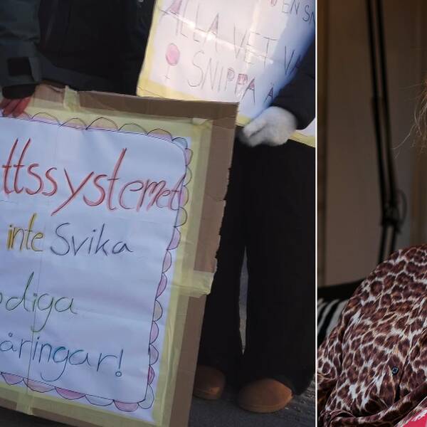 En skylt från en manifestation med texten Rättssystemet ska inte svika modiga tioåringar och en porträttbild på Nina Rung som kollar in i kameran.