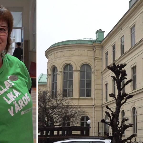 Kvinna i grön t-shirt tittar in i bild till vänster, stor ljusgul skolbyggnad med många fönster till höger i bild. Af Chapman, gymnasieskola, Karlskrona, misshandel, kniv, elever, gymnasieelever.