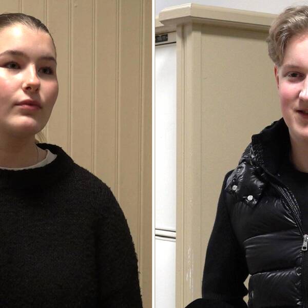 Tvådelad bild men en tjej med håret fäst i en knut iklädd en svart stickat tröja och en blond kille med Backstreet Boys-lugg och en glansig puff-jacka.