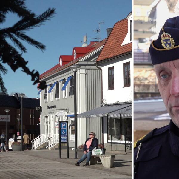 En bild på torget i Bengtsfors, med en solande kvinna på en bänk. Bild två, kommunpolis Peter Torstensson.