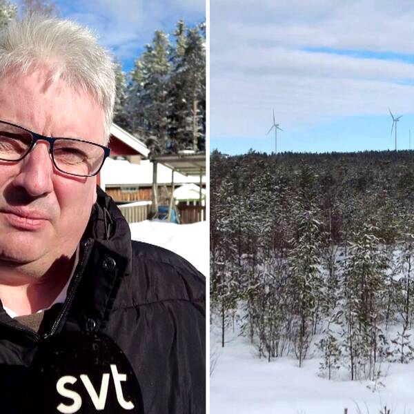 en man som är politiker, hans unander, och vindkraftverk i en skog.