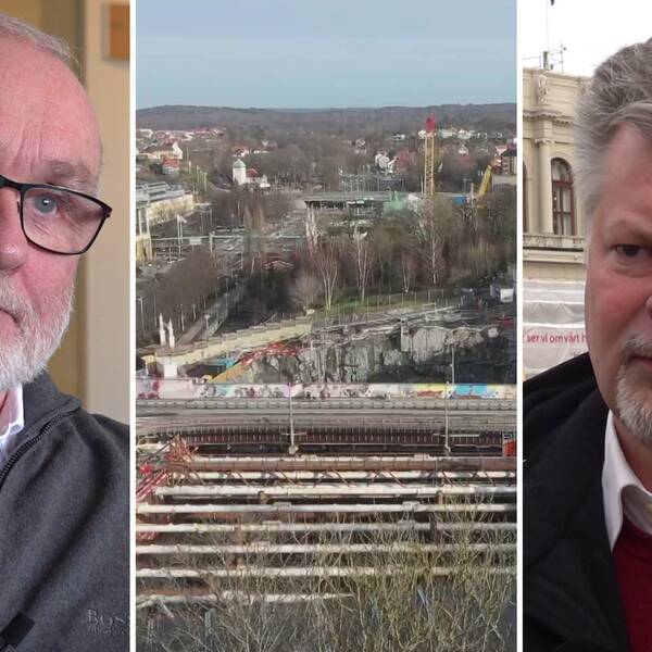 Bild på två män och en byggarbetsplats. Männen heter Bo Larsson, projektchef för Västlänken och  Axel Josefson, andre vice ordförande i kommunstyrelsen (M). De pratar om att Trafikverket nu utreder sig själva efter SVT:s avslöjande om att Västlänken kostat två miljarder mer än budget.