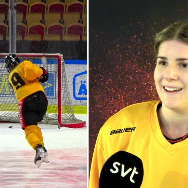 Till vänster en bild bakifrån där Emma Nordin skjuter mot det tomma målet. Till höger en glad och taggad Emma Nordin inför SM-finalen.
