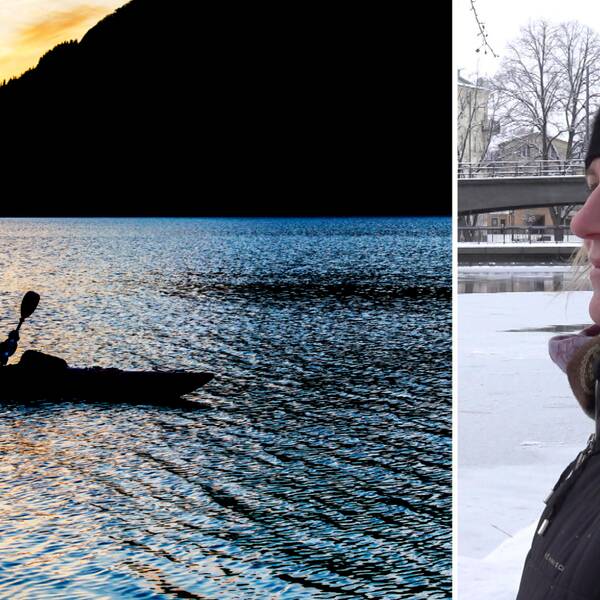 Tvådelad bild: En kanotist i solnedgången och Mari Backlund, natur- och vattenstrateg som står utomhus vid Hjälmaren.
