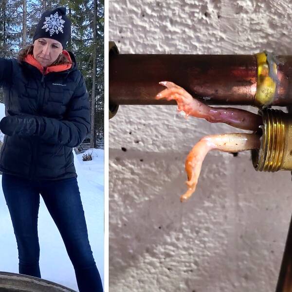 Till vänster ser vi Emma Gustafsson lyfta på ett brunnslock. Det är vinter och hon har tumvantar på sig. Till höger syns en bild på ett vattenrör där grodben sticker ut.