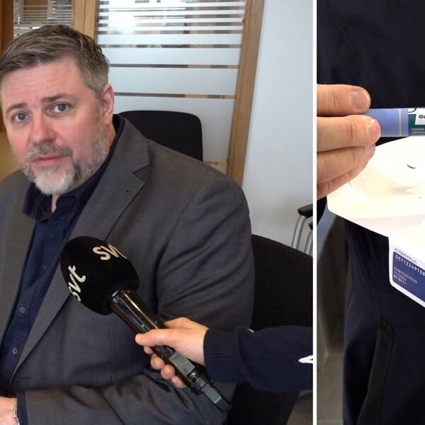 Läkaren Björn Lundahl på bild ifrörd kavaj och intervjuad av SVT. Mikrofon syns i bild. Till höger: diabetesmedicin. 