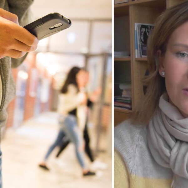 barn som håller i mobil till vänster, kvinna som talar till höger.