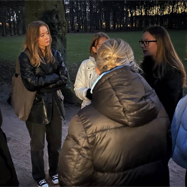 Moderaten Helena Nanne träffar ett gäng med kvinnor i gymnasiet i en mörk park, Pildammsparken i Malmö, för att diskutera deras förslag att lysa upp parkerna.