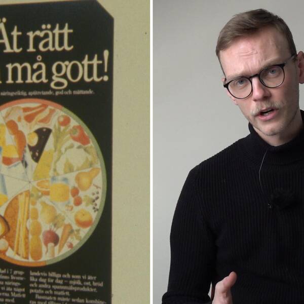 Till vänster en bild på en skylt där det står ät rätt och må gått, till höger en bild på reportern Anton Johansson. 