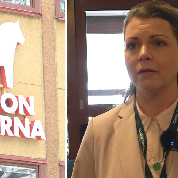 Region Dalarnas symbol till vänster, kvinnlig politiker som intervjuas till höger