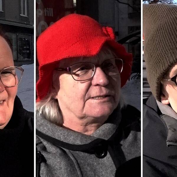 Tre människor med glasögon. En med röd hatt.