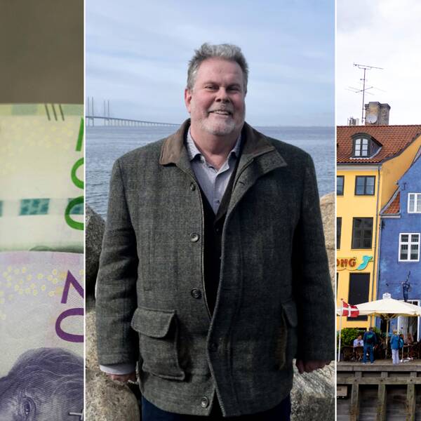 Till vänster bild: svenska sedlar. Mittbilden: Johan Wessman, vd för Öresundsinstitutet, förklarar varför den svenska kronan är ovanligt svag gentemot den danska. Till höger i bild: en vy från danska Nörrebro i Köpenhamn.