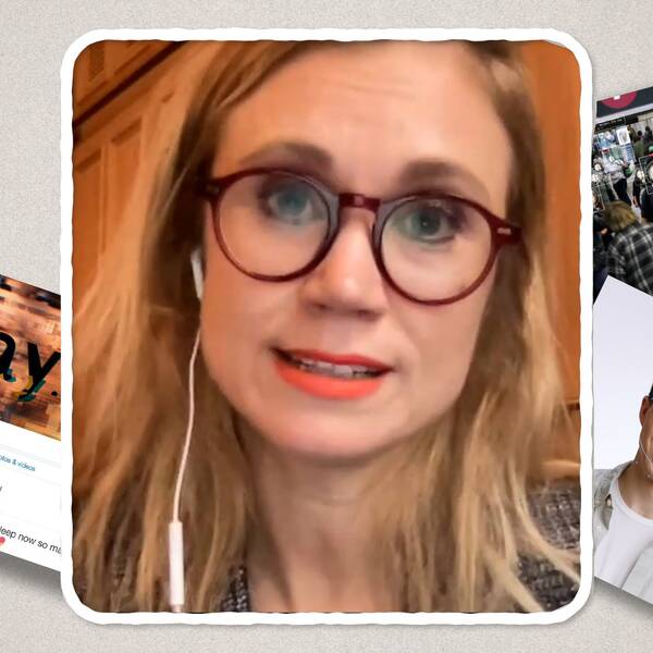 Ett kollage av bilder med den digitala strategen Judith Wolst i mitten och bakom AI-relaterade bilder.