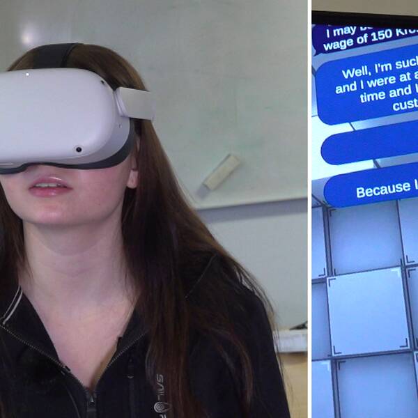 Matilda Sanner har långt brunt hår och har på sig ett VR-headset där hon pratar lönehöjning på engelska med en digital, manlig karaktär.