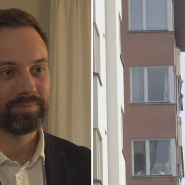 Tvådelad bild: Fastighetsmäklaren Fred Rehn Janowicz och en fasad till ett lägenhetshus.