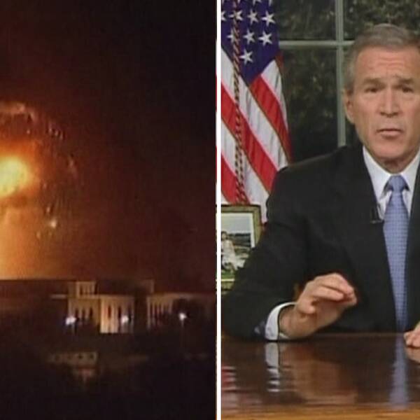 Bild till vänster visar en explosion. Till höger USA:s tidigare president George W Bush.
