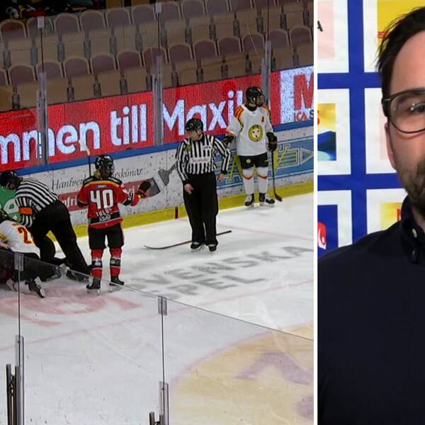 hockespelare på isen samlade kring en skadad spelare. till höger bild på en man med skägg och glasögon