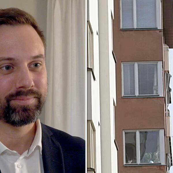 Tvådelad bild: Fastighetsmäklaren Fred Rehn Janowicz och en fasad till ett lägenhetshus.