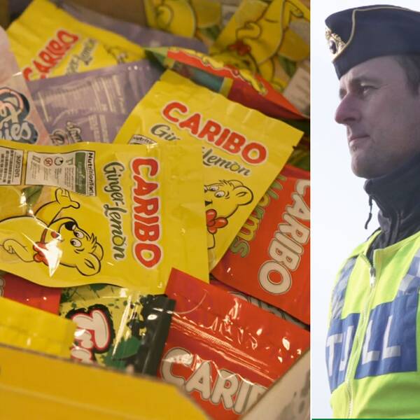 Till vänster godispåsar med texten ”Caribo”, innehållande cannabisgodis. Till höger Tullverkets avdelningschef för kontrollavdelningen, Henrik Sjökvist, i Tullverkets uniform.