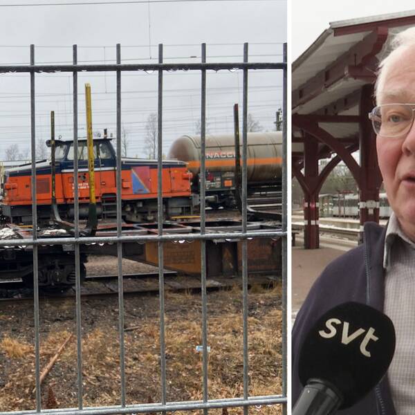 Bild på ett tåg på en tågbana bakom ett stängsel. Även en bild på en man i skjorta med vitt hår. Mannen heter Lars Yngström och är vd på Tågab. Han pratar om arbetsplatsolyckan i Kristinehamn där en man i 30-årsåldern avled under fredagen.