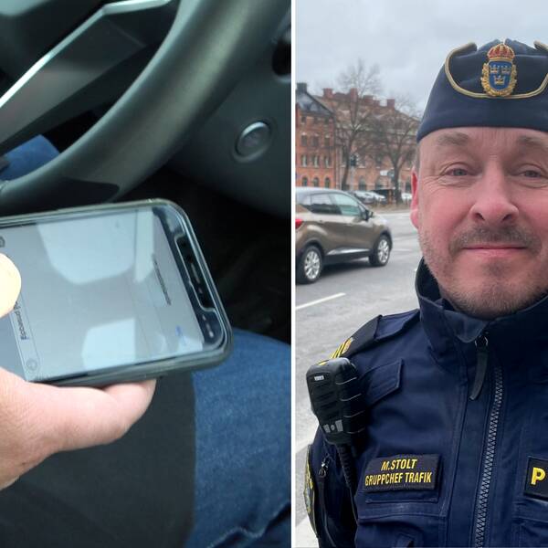 Till vänster en hand som håller i en mobiltelefon, till höger polisen Mikael Stolt iförd polisuniform.