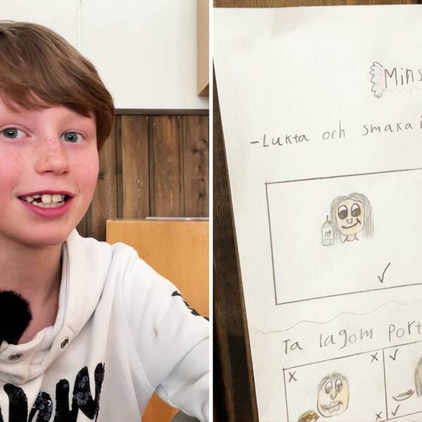 Till vänster: Arvid Söderlund i årskurs två sitter i matsalen på Lillsjöskolan i Östersund och ser glad ut. Till höger: En teckning ritad av ett barn, där det står minska matsvinnet.