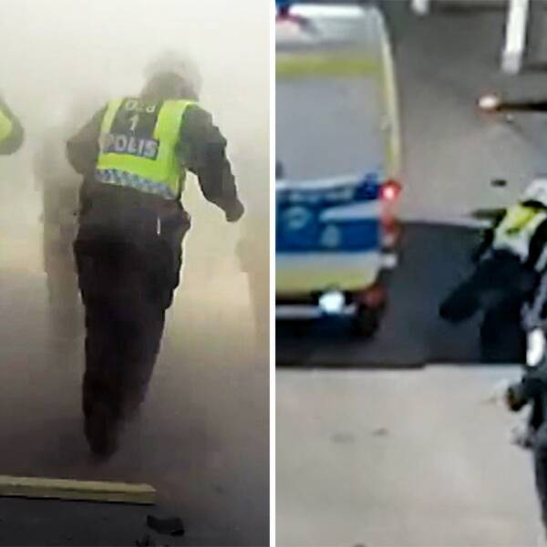 Bild på poliser som springer igenom ett rökmoln och en bild på en polis som sparkas i ryggen an en maskerad person